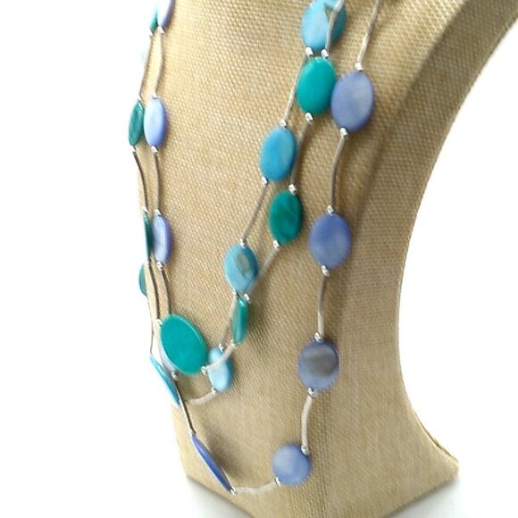 Triple Strand Shell Disc Necklace Turquoise Blue Silver-tone Tube Spacers - Picture 10 of 13